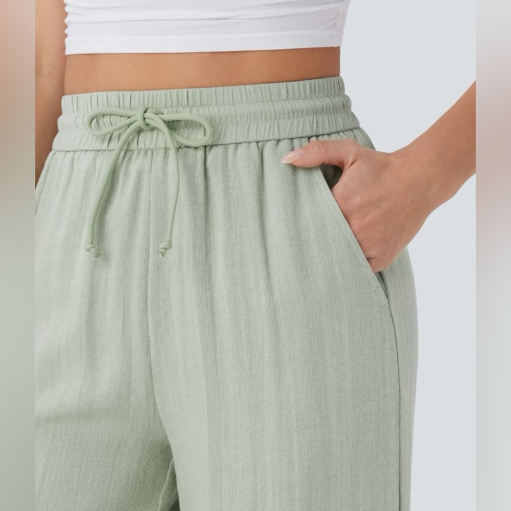 HALARA Linen -Feel Drawstring High Waist Wide-Leg Pale Mint Pants Women’s XS - Picture 6 of 9